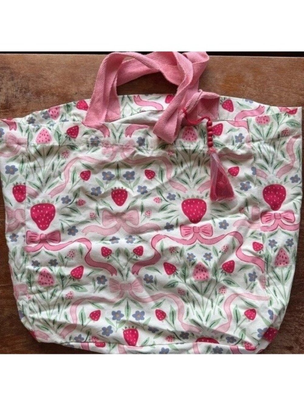 Laura Ashley Pink Strawberry Floral Bow Print Canvas Tote Reusable Large Bag NEW